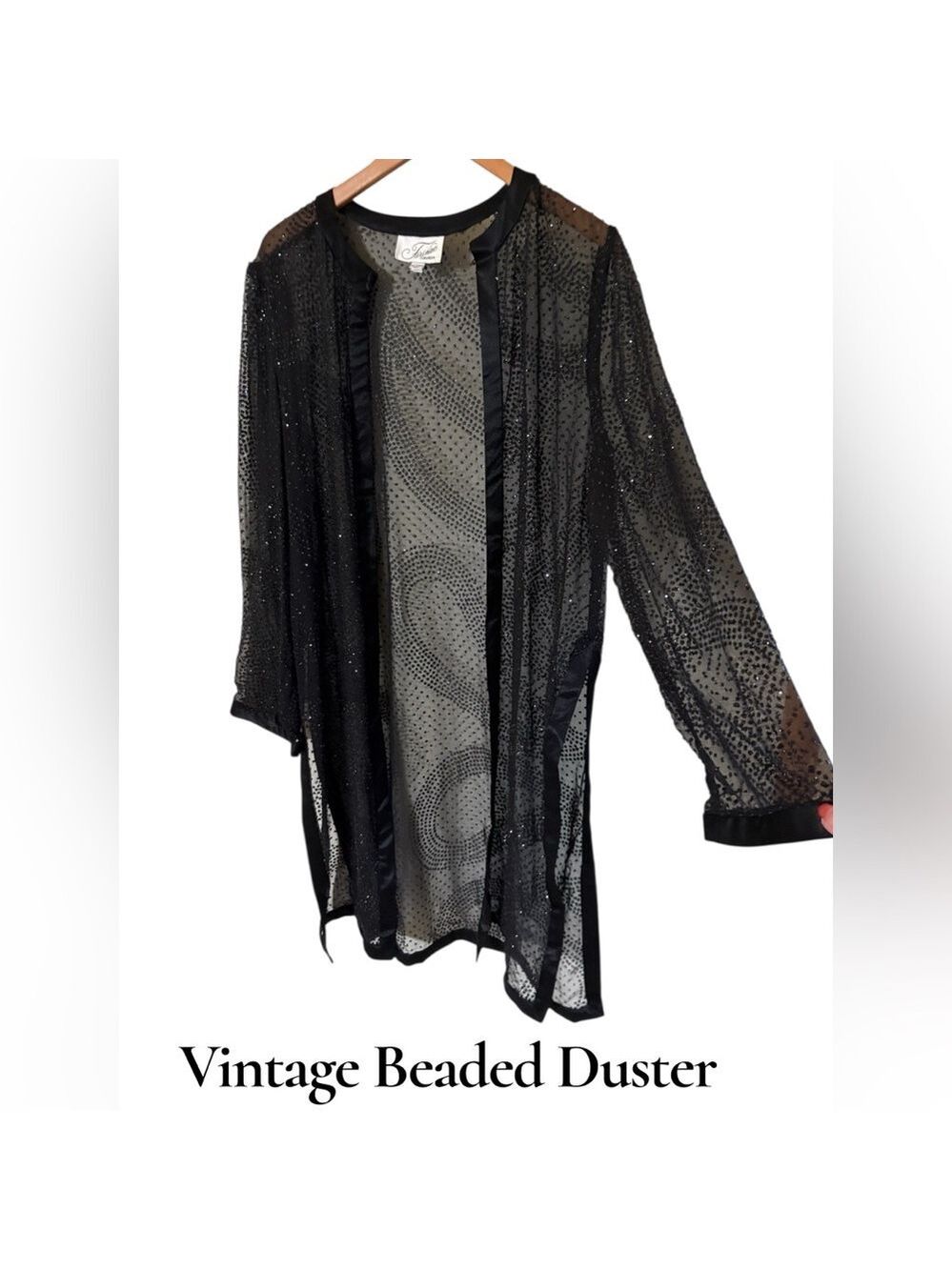 Farinae Collections-Vintage Sheer Black Beaded Duster Jacket. Size 14 Stunning!